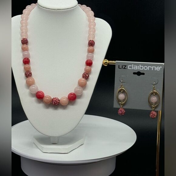 Liz Claiborne Jewelry - Liz Claiborne 2 pc Gold tone Pink shaded Crystal Beaded Necklace with Earrings